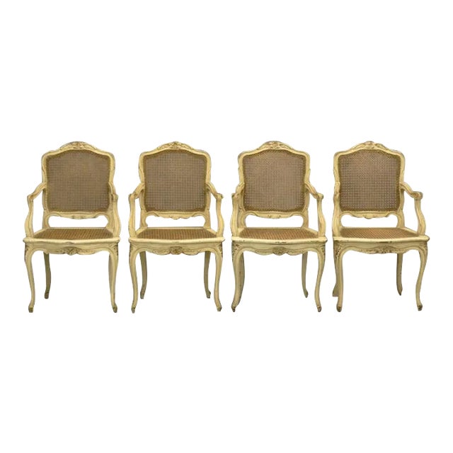 1920s Vintage Louis XV-Style French Caned Arm Chairs - Set of 4 For Sale