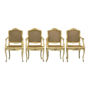 1920s Vintage Louis XV-Style French Caned Arm Chairs - Set of 4