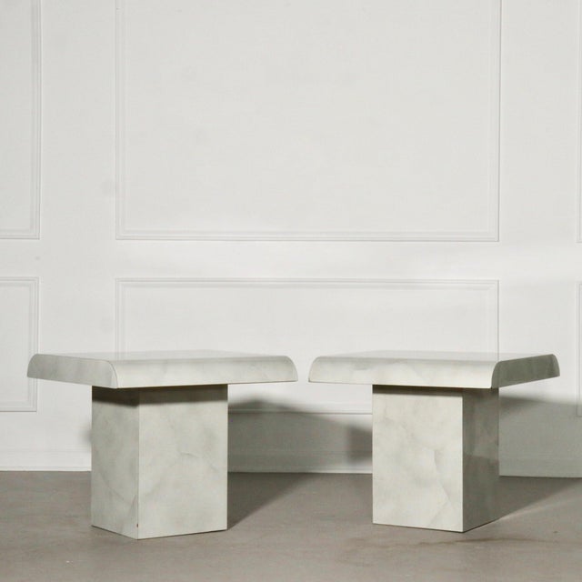 Light Gray 1980s Post Modern Faux Carrara Marble Waterfall Edge End Tables - A Pair For Sale - Image 8 of 8