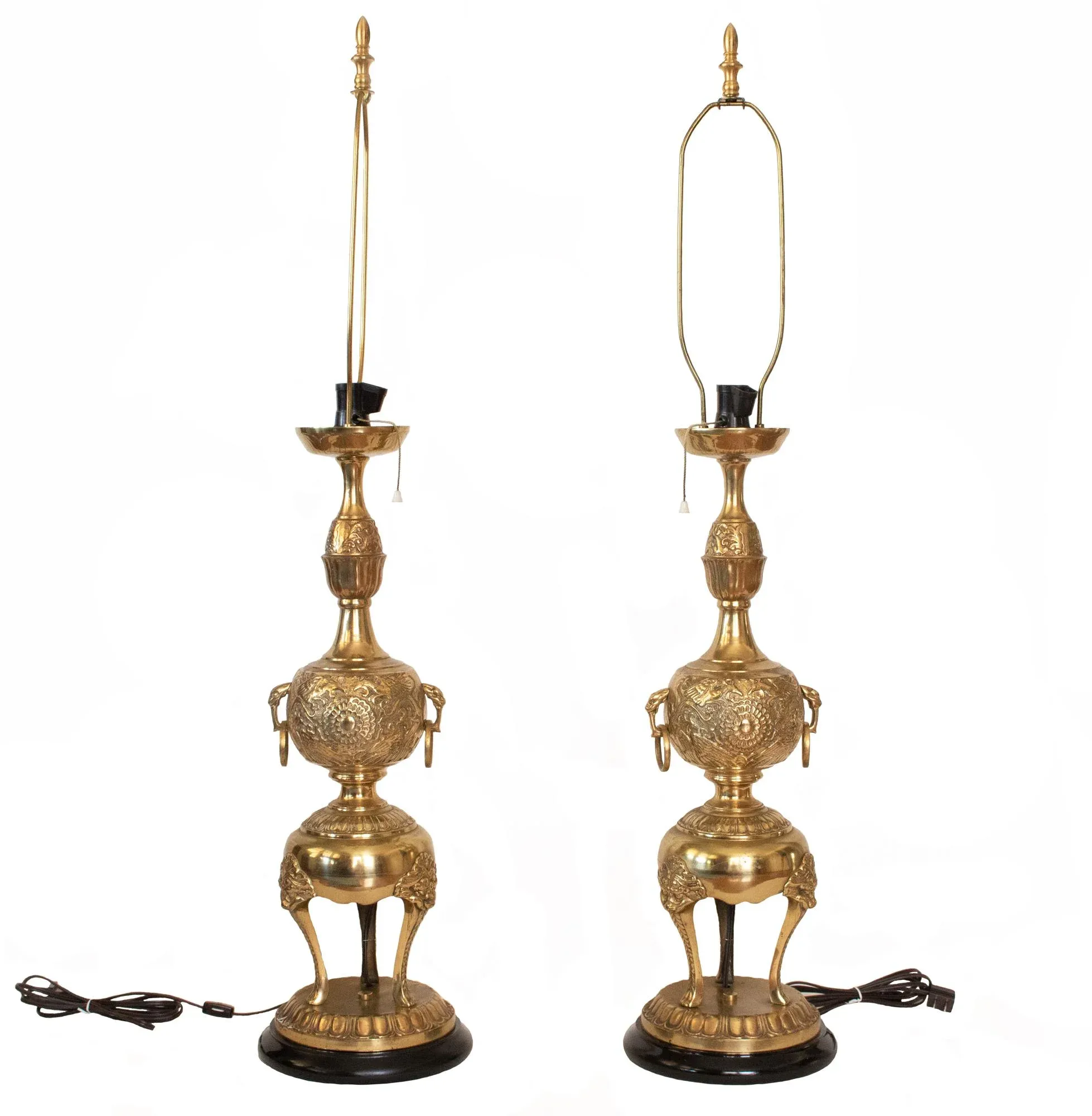 C. 1950s Very Tall Japanese Brass Table Lamps With Silk Shades - A