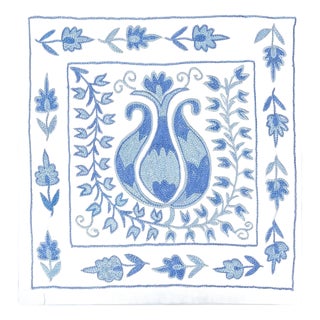 Home Decor Hand Embroidered Cushion Cover in Cream & Light Blue. 17"x19" For Sale