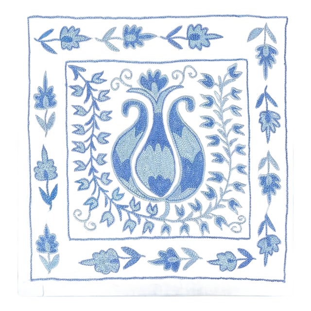 Home Decor Hand Embroidered Cushion Cover in Cream & Light Blue. 17"x19" For Sale