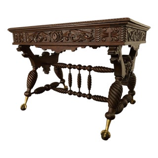 Aesthetic Movement Merklen Brothers Carved Walnut Library Table Desk Ny 1890 For Sale
