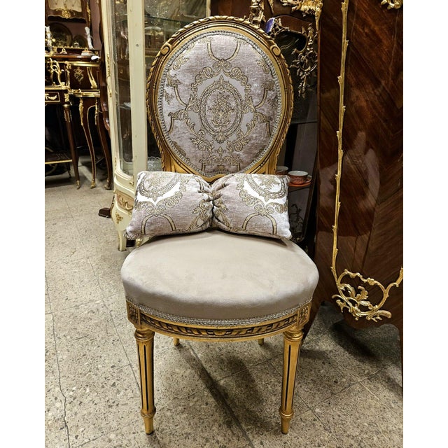 French French Louis XVI Accent Chair With Gold Leaf Frame, Ornate Upholstery & Decorative Lumbar Pillow For Sale - Image 3 of 3