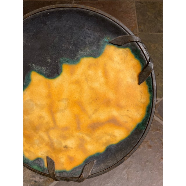 Amber 1920s Louis Dage and Eugene Val French Art Deco Ceramic Pottery - Set of 2 Pieces, Platter and Cup, Famous Egg Yolk Glaze For Sale - Image 8 of 13