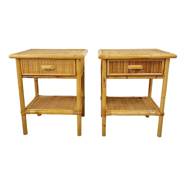 Vintage Italian Bedside Tables in Rattan and Bamboo, 1970s, Set of 2 For Sale