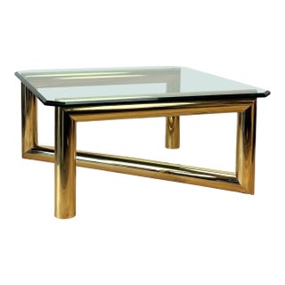 Vintage 1970's Hollywood Regency Tubular Z Gold Glass Top Coffee Table For Sale