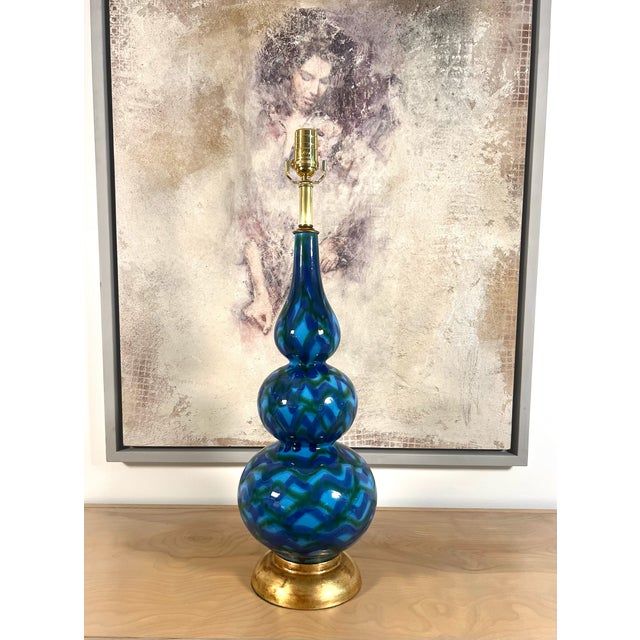 BEAUTIFUL Mid Century Modern blue glazed table lamps that feature a triple gourd shape and distinctive ORIGINAL brass...