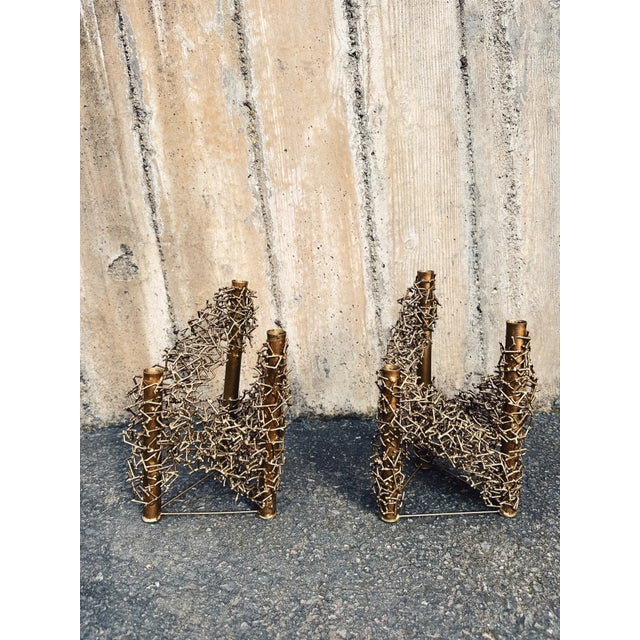 Gold Mid 20th Century Brutalist Style Metal Candlesticks - a Pair For Sale - Image 8 of 10