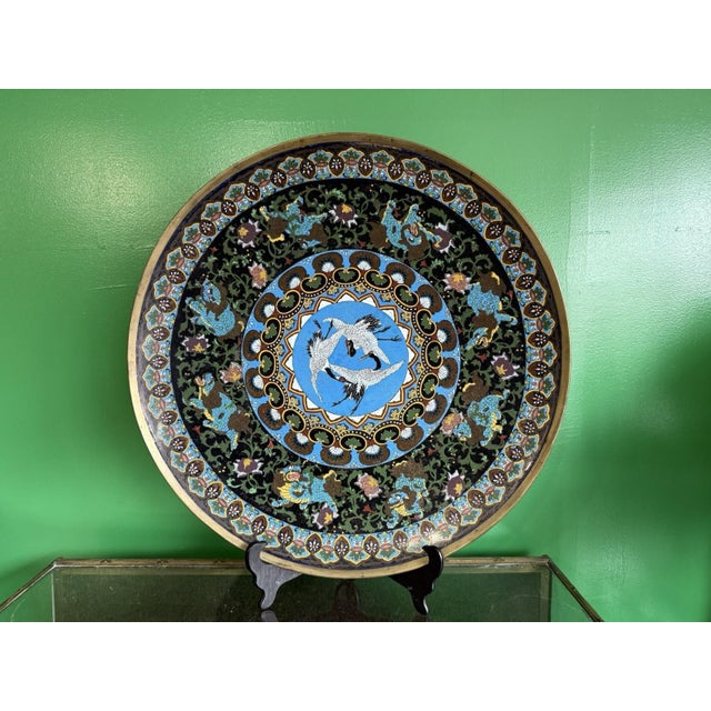 Japanese Monumental Japanese Cloisonne Enamel Charger Cranes Attributed, Hayashi Kodenji For Sale - Image 3 of 18