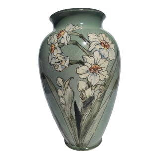 1980s Hand-Painted Celedon Vase Artist-Signed For Sale