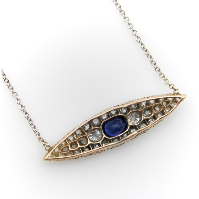 Late 19th Century Late 19th Century Victorian 14k Gold Diamond and Sapphire Eye-Shaped Pendant Necklace For Sale - Image 5 of 10