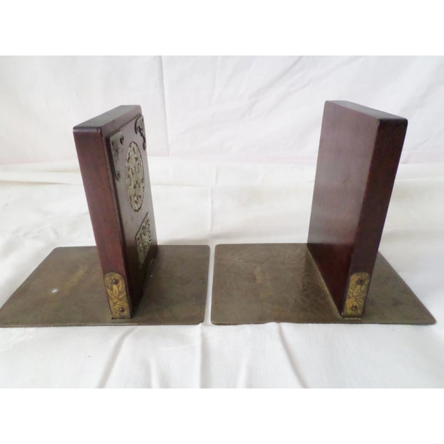 Chinese Antique Chinese Teak & Brass and White Jade/ Hardstone Inserts Bookends- a Pair For Sale - Image 3 of 10