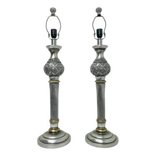 Large Silver Gold Carved Spheric Table Lamps, 1990s, Set of 2 For Sale