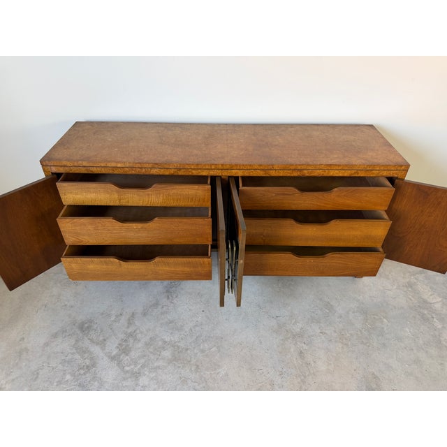 Vintage William Doezema Style Mastercraft Burl Wood Credenza With Brass Greek Key Details For Sale - Image 4 of 18