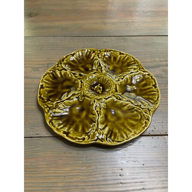 1950s French Gien Majolica Olive Green Oyster Plate For Sale - Image 11 of 13