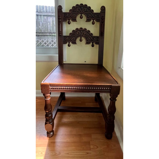 1910s Antique Sligh Furniture Jacobean Revival Oak Dining/Hall Chair–Derbyshire and South Yorkshire Side Chair-Circa 1910s For Sale - Image 5 of 13