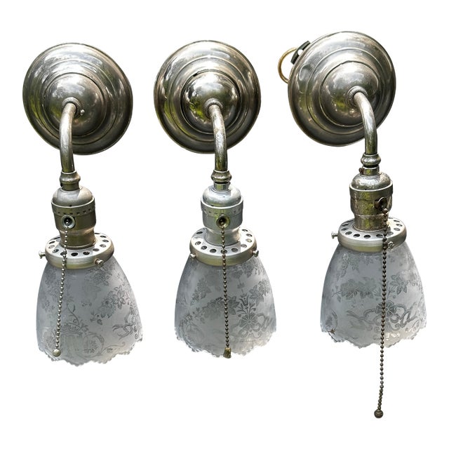 Set of Three Bradley & Hubbard Nickel Sconces With Vintage Shades For Sale