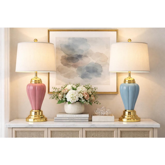 Pair of Vintage Color Block Ceramic Table Lamps — Blue & Coral Pink, Brass Bases, Linen Shades (Near Pair) A charming and...