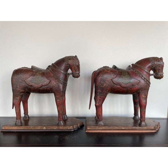 Original carved Chinese polychrome painted wood horses. Tang dynasty style. Can be mounted on the wall.