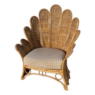 1970s Rattan Woven Wicker Peacock Fan Back Lounge Chair For Sale