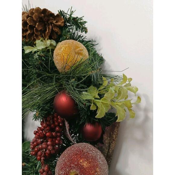 Partridge in Pear Tree Winter Door Wreath Realistic Holiday Crystal Fruit Apple For Sale - Image 12 of 16