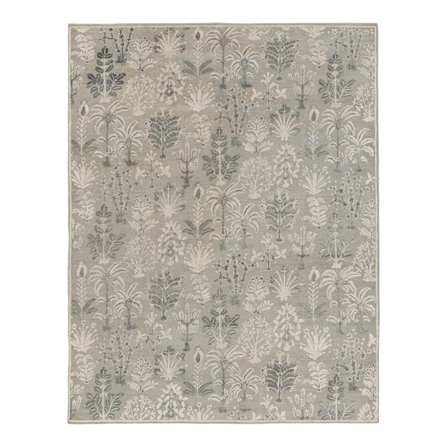 Rug & Kilim’s Modern Block Print Rug in Silver-Gray & Teal with Floral Patterns - 3x6 For Sale