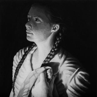 Emeline #4 by Rebecca Mason Adams | Acrylic on Canvas Portrait of a woman with braids in soft light. For Sale