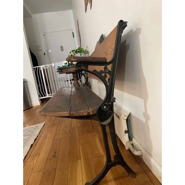 Vintage 19th Century Baker, Pratt, & Co Cast Iron and Wood School Bench With Hinged Seat For Sale - Image 4 of 7