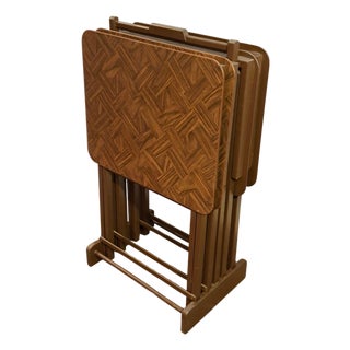 Mid-Century Modern Parquet Wood Tv Tray Tables, Set of 5 With Stand For Sale