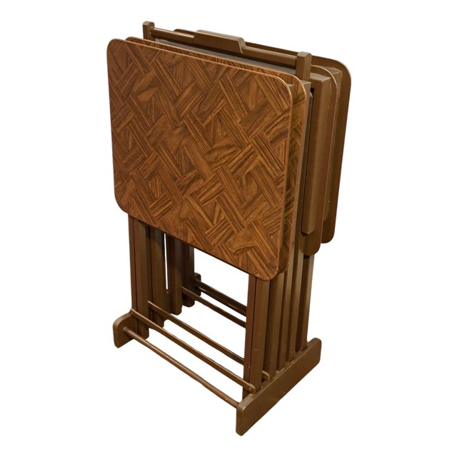 Mid-Century Modern Parquet Wood Tv Tray Tables, Set of 5 With Stand For Sale