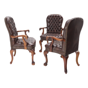 Brown Leather Chesterfield Backs & Seat Carved Walnut Armchairs Fireside Chairs - Set of 3