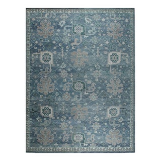8x10 Oushak Blue Traditional Geometric Hand Knotted Wool Carpet Rug For Sale
