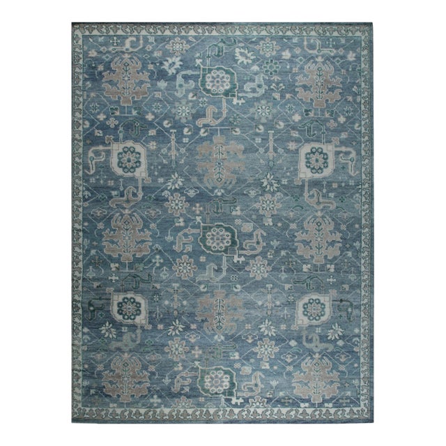 8x10 Oushak Blue Traditional Geometric Hand Knotted Wool Carpet Rug For Sale