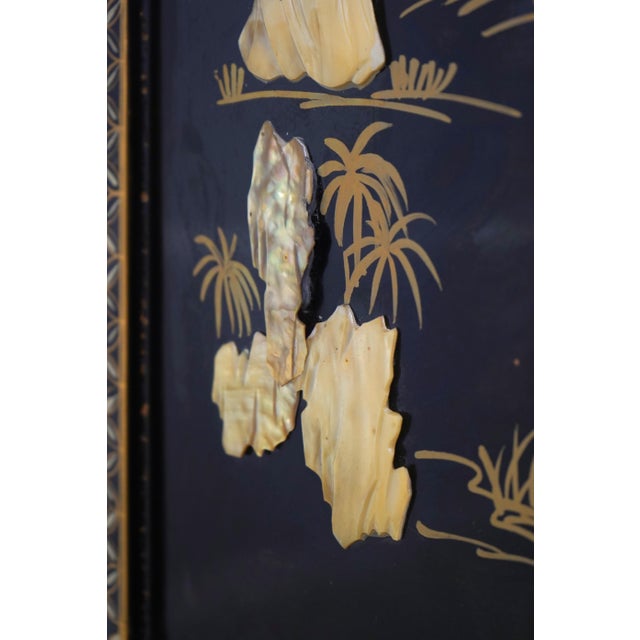 Black Pair of Chinese Black Lacquer Wall Art Panels For Sale - Image 8 of 13