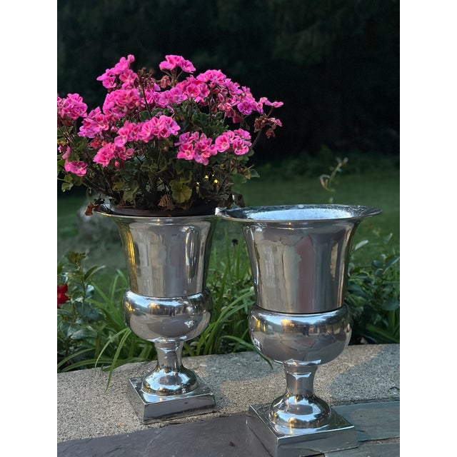 Pair of Large Pedestal Urn Lamps Polished Aluminum Made in India For Sale In Boston - Image 6 of 8