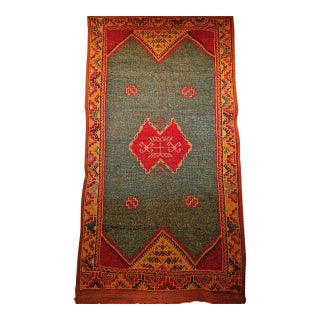 Vintage Moroccan Rug, Hand-Knotted Wool, Geometric Pattern, Green & Yellow, 4’ X 6’ For Sale