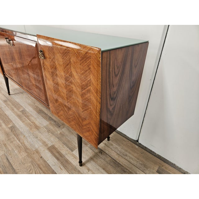 Mid-Century Mahogany-Paneled Sideboard with Glass Top and Brass Handles, 1960 For Sale - Image 15 of 18