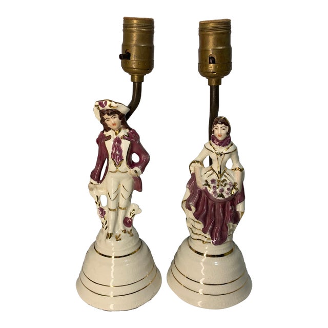 Vintage Porcelain "Colonial Couple" or "Victorian Courting Couple" Boudoir Vanity Lamps - a Pair For Sale