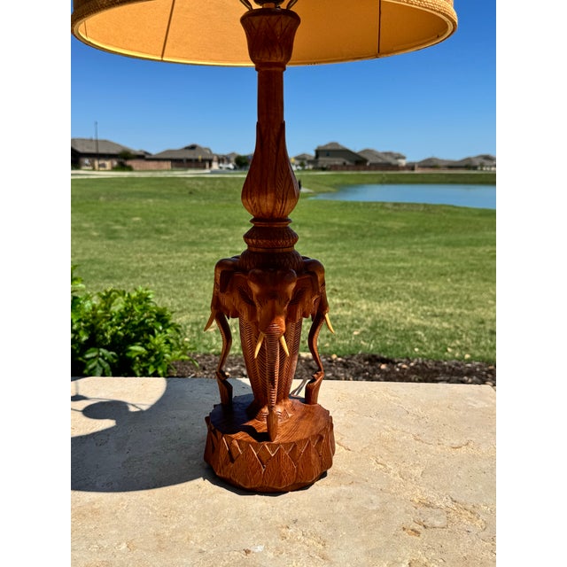 1960s C. 1960s Mid Century Pair Carved Teakwood Elephant & Lotus Form Table Lamps For Sale - Image 5 of 6