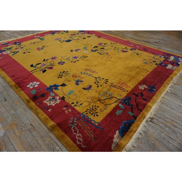Art Deco 1920s Yellow Minimalist Floral Antique Chinese Art Deco Carpet 9' X 11'6" Handknotted Wool Rug For Sale - Image 3 of 6