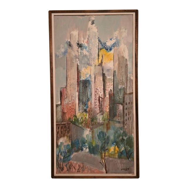 Vintage Signed Painting Mid Century Modern Cityscape For Sale