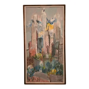 Vintage Signed Painting Mid Century Modern Cityscape