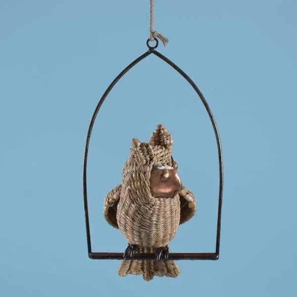 Large Owl on a Swing By Mario Lopez Torres There are minor imperfections to the hand-made woven rattan. (see photos)