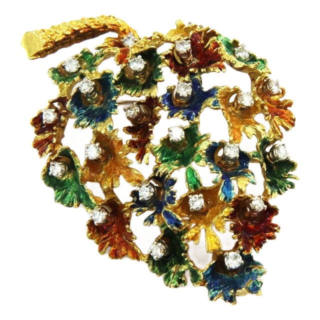 Diamond Multicolor Enamel 18k Yellow Gold Large Leaf Pin Pendant For Sale