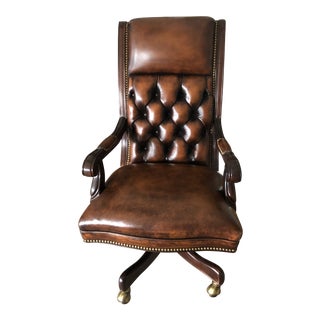 Tufted Swivel Leather and Wood Desk Chair For Sale