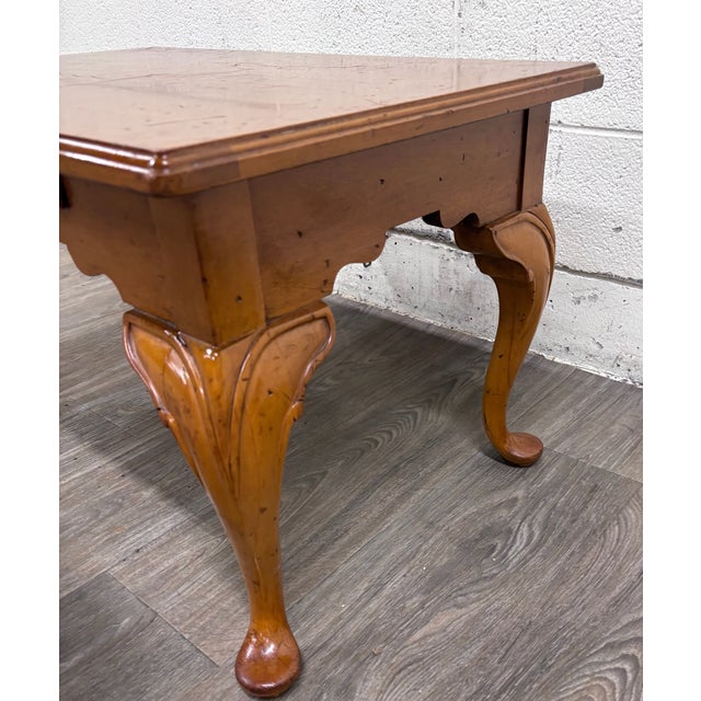 Wood Vintage Queen Anne Style Parquet Style Top Carved Coffee Table W/ Pull Out Tray For Sale - Image 7 of 12