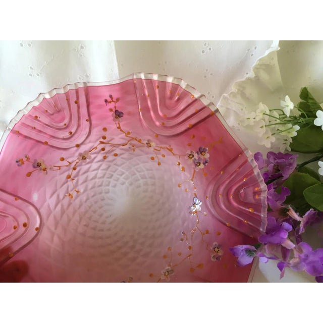 Glass Late 19th Century Bohemian Victorian Art Glass Pink Cranberry Satin Glass Bride's Bowl with Diamond Optic Quilting Enameled Flowers For Sale - Image 7 of 13