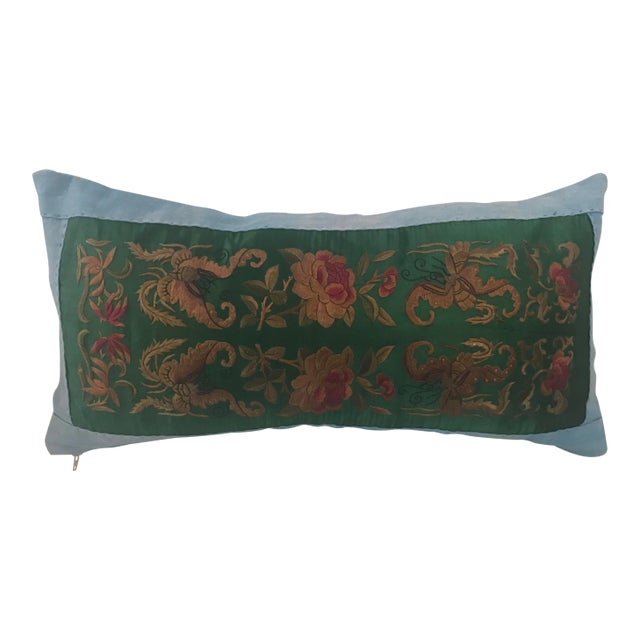 Jade Silk Asian Embroidered Floral Butterfly Pillow For Sale