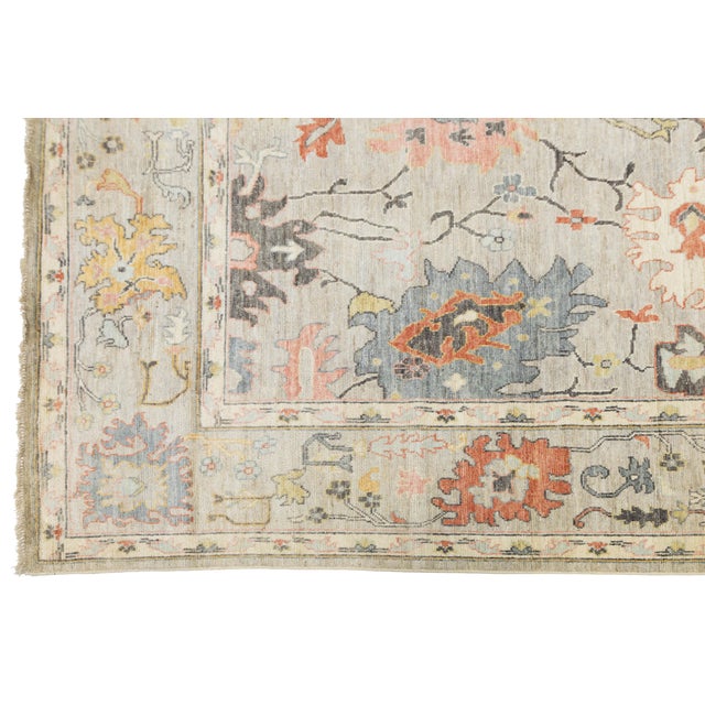 Textile Contemporary Oushak Transitional Rug Muted Earth Tones & Large Floral Medallions For Sale - Image 7 of 11